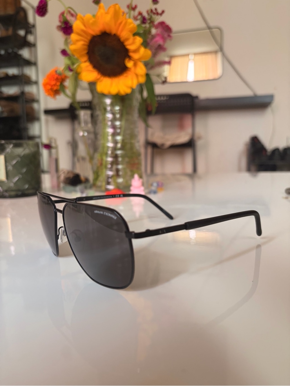 Armani Exchange Matte Black Aviator Sunglasses with Dark Lenses